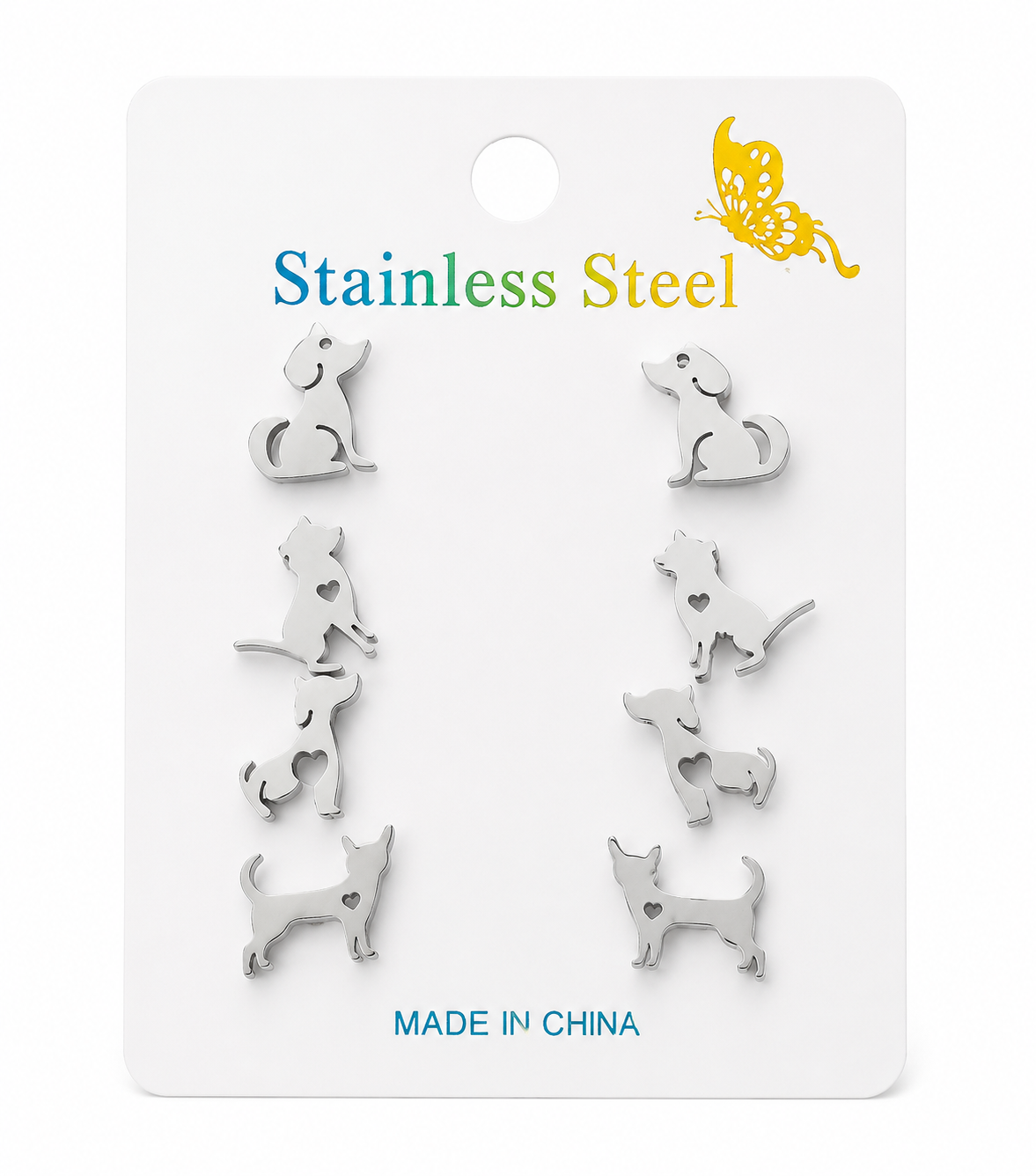 Set de aretes de diferentes perritos en acero inoxidable 316L (4 pares)