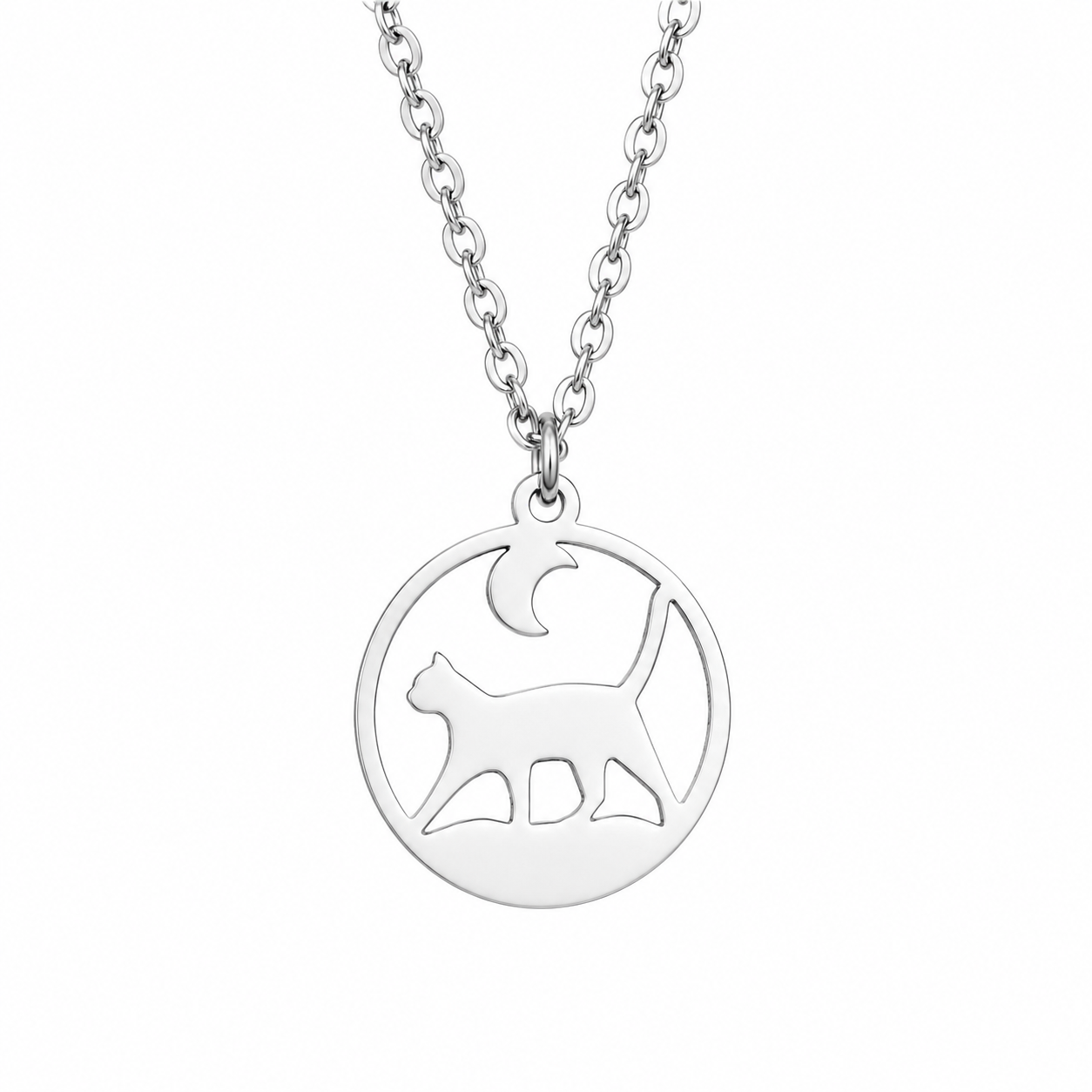 Cadena con pendiente Cat Moon Stainless Steel Silver