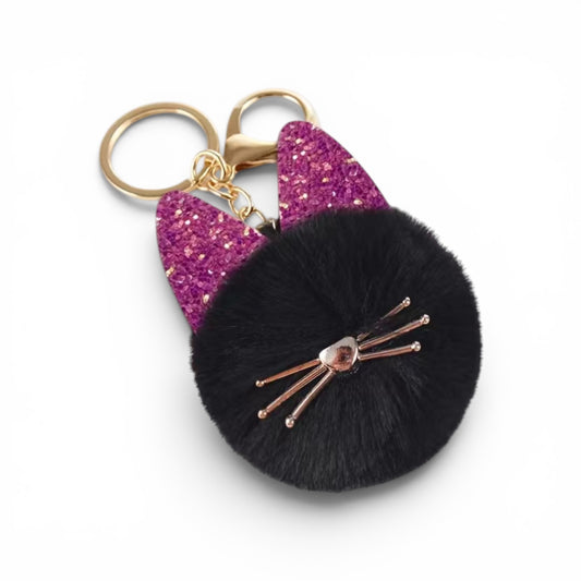 Llavero de gato peludo pompom negro