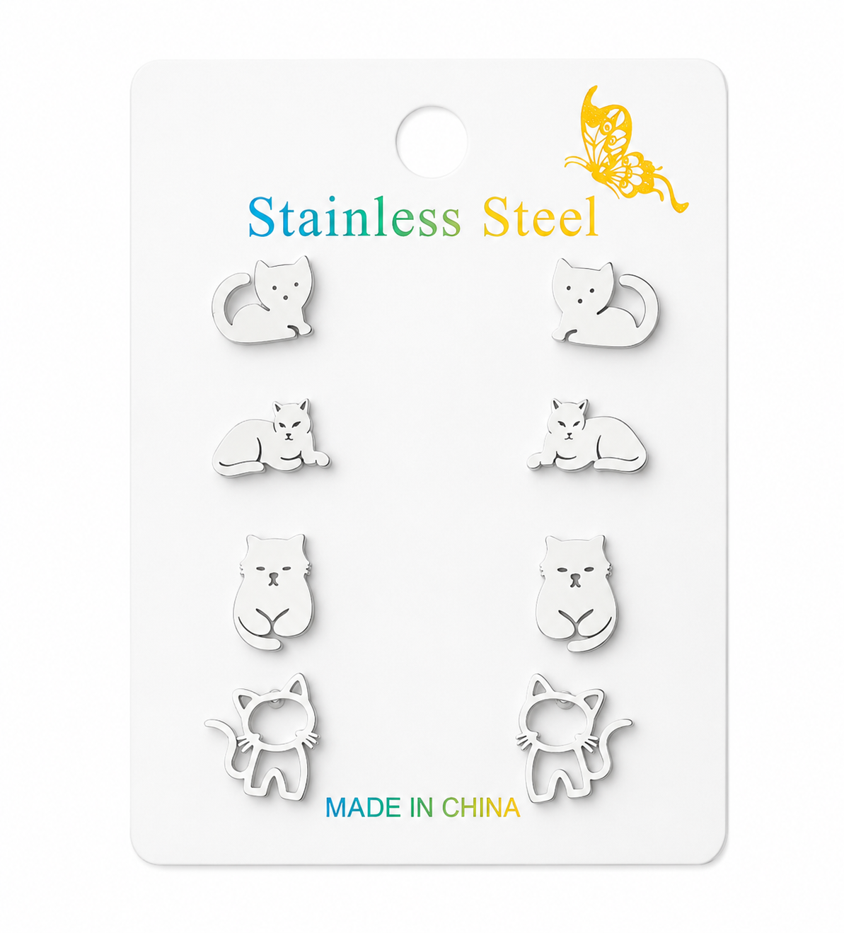Set de aretes de diferentes gatitos en acero inoxidable 316L (4 pares)