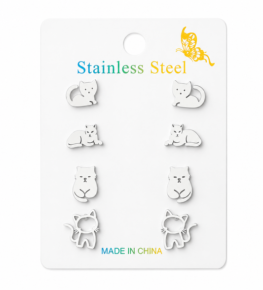 Set de aretes de diferentes gatitos en acero inoxidable 316L (4 pares)