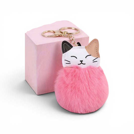 Llavero de gato con bolita peluda rosa