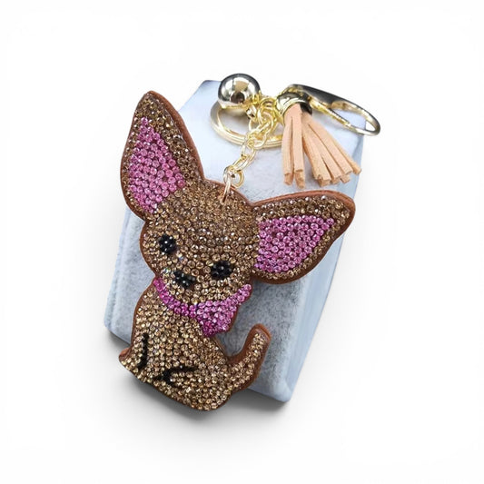 Llavero de perro chihuahua Brown y fushia en zirconias